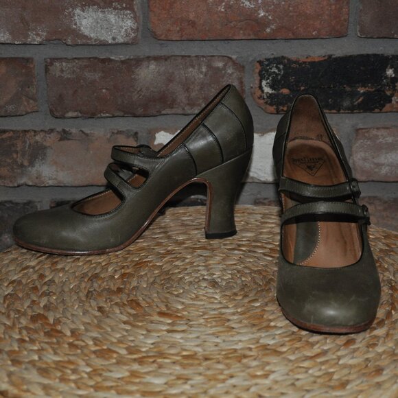 John Fluevog Olive Green Leather Mary Jane Double Strap Pump Midi Heel Shoes 8.5 - Picture 3 of 12